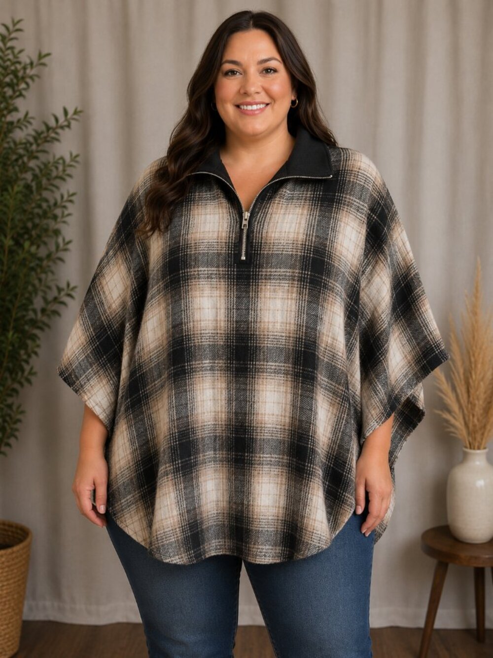 Plaid Half-Zip Pullover Sweater - Black & Cream